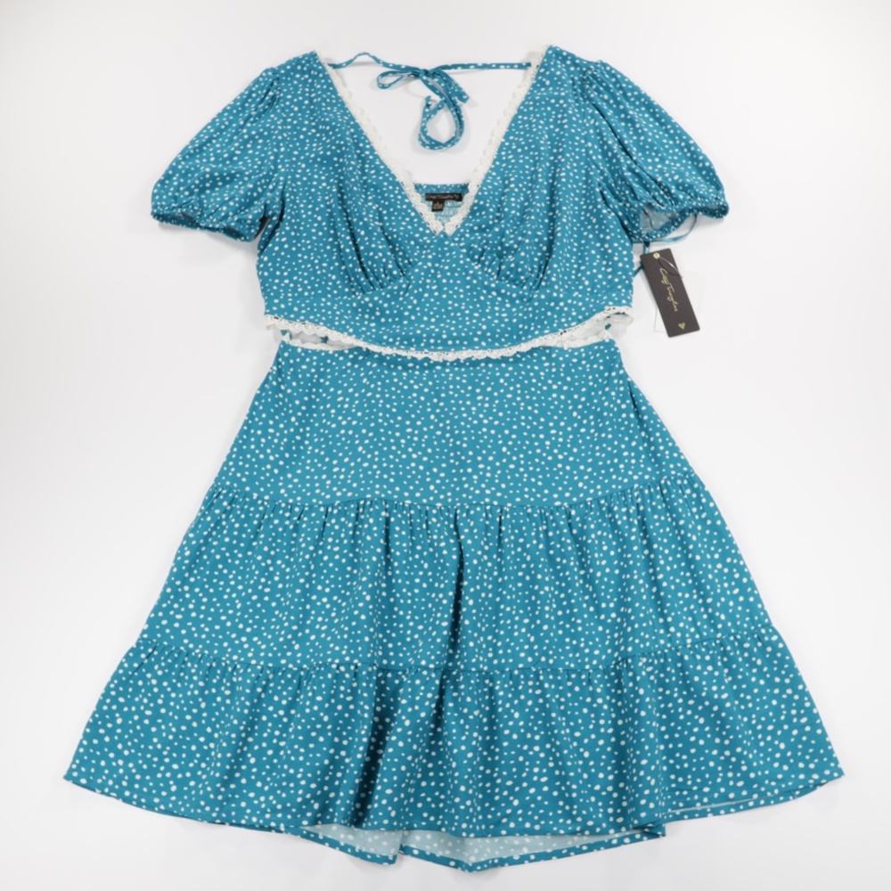 City Triangles Women's V Neck Puffed Sleeve Dot Woven Flare‎ Dress Green Size L
